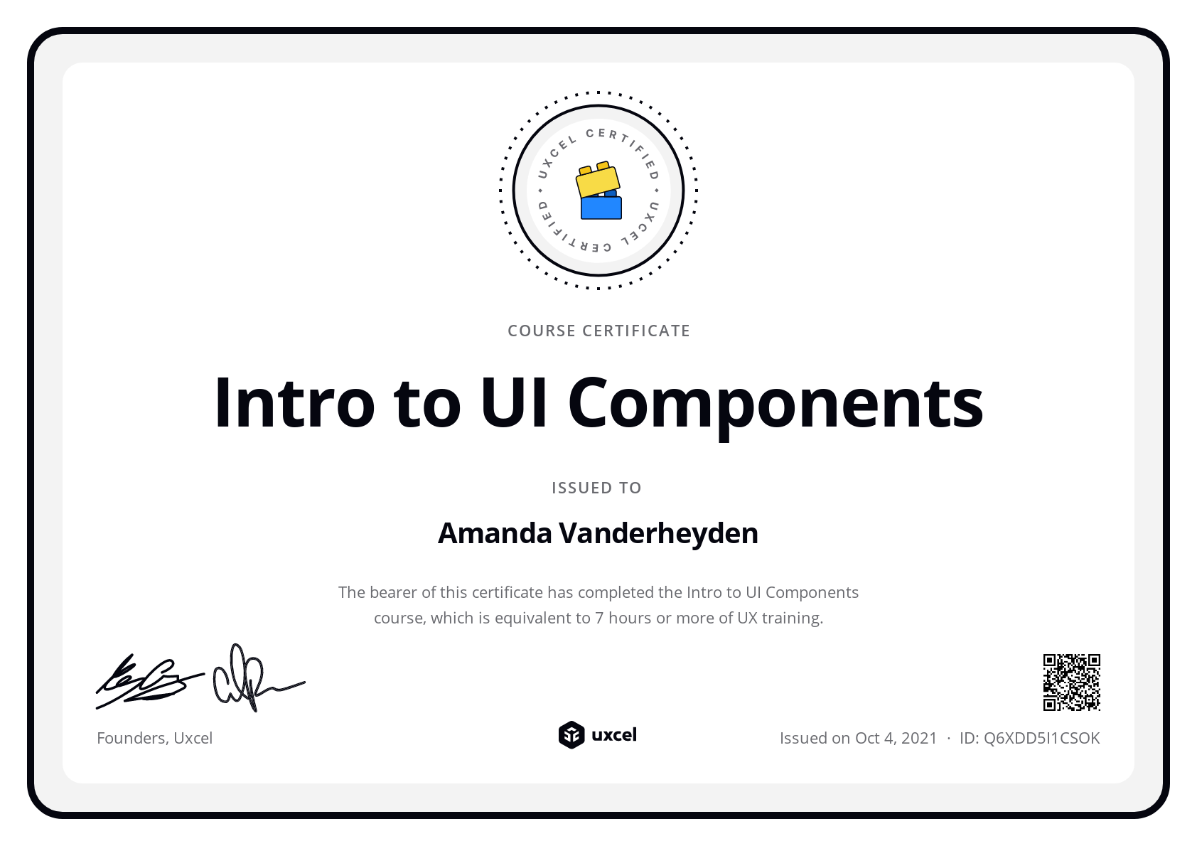 Amanda Vanderheyden's certificate